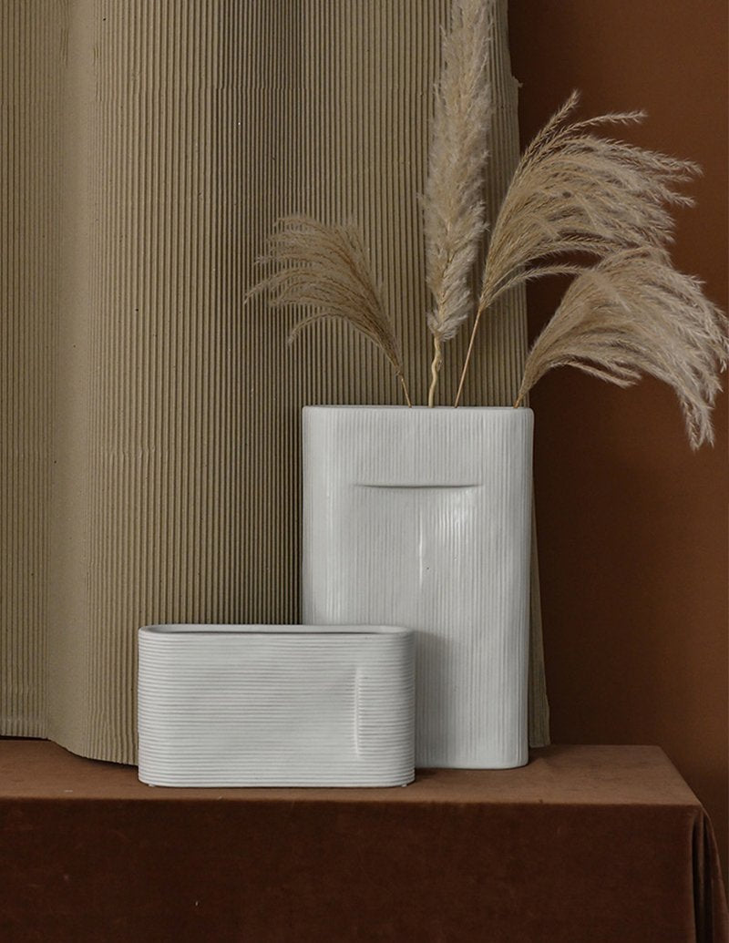 2- Piece Oval White Stripe Ceramic Flower Vases