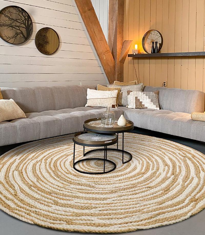 Rustic Round Jute Light Red Yellow Green Area Rug