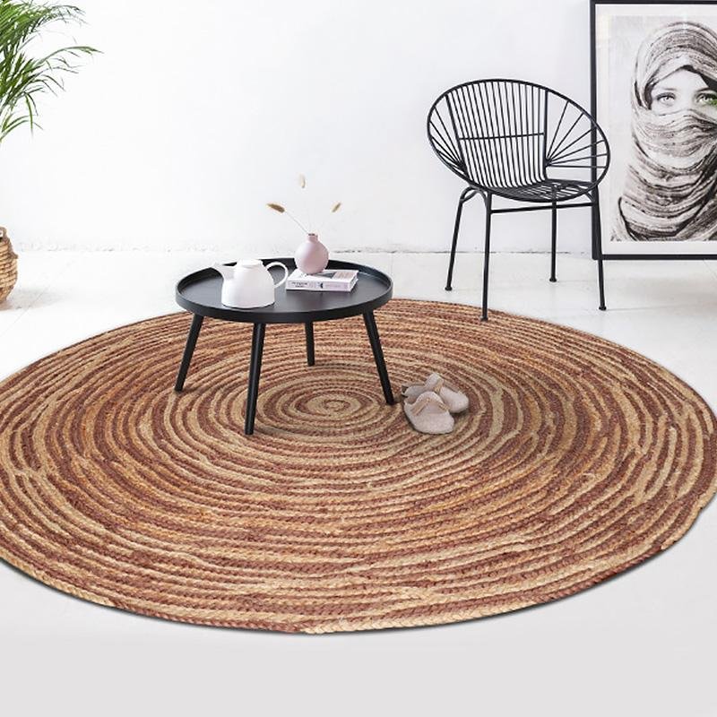 Rustic Round Jute Light Red Yellow Green Area Rug