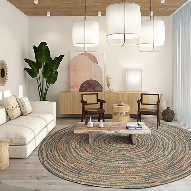 Rustic Round Jute Light Red Yellow Green Area Rug