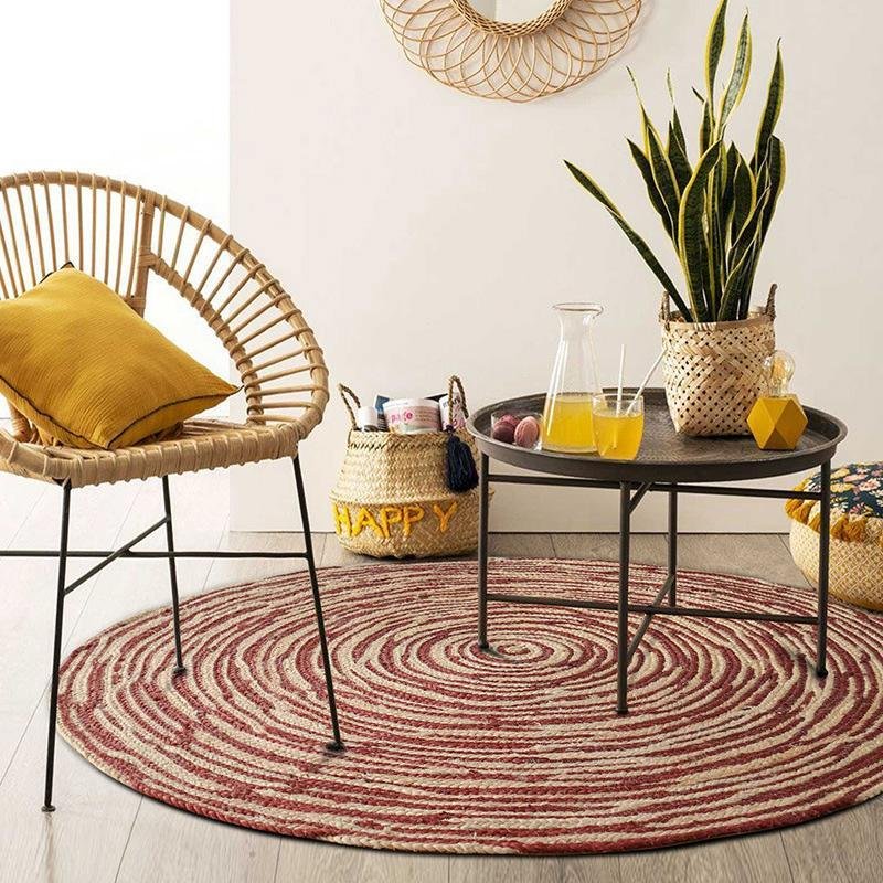 Rustic Round Jute Light Red Yellow Green Area Rug
