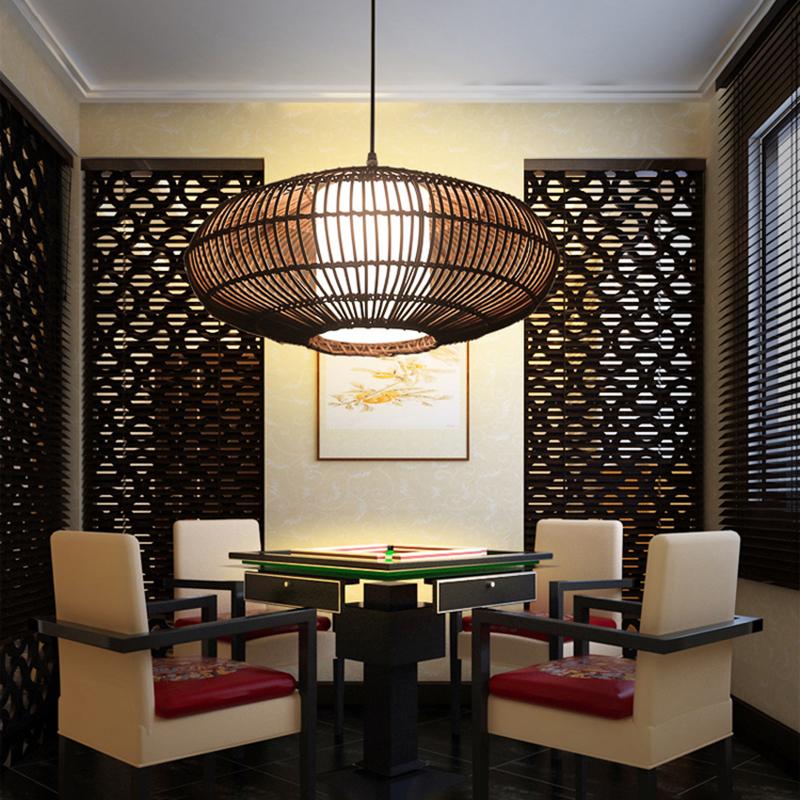 Short Circular Dark Brown Bamboo Pendant Light Farmhouse Ceiling Light - dazuma