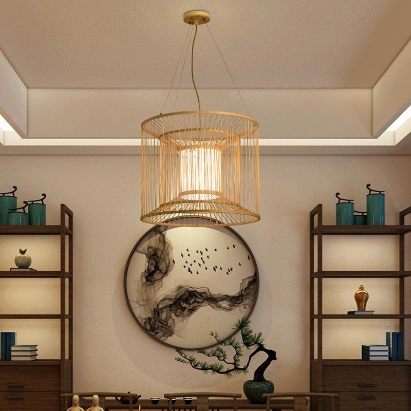 Multi - Layer Cylindrical Cage Pendant Light Decorative Bamboo Pendant Light