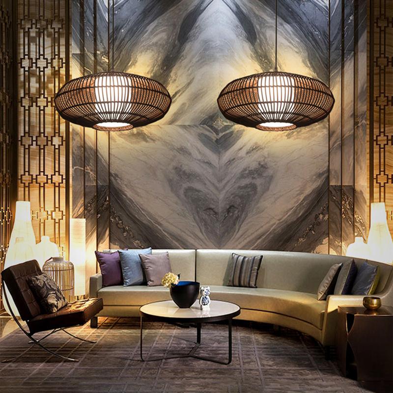 Short Circular Dark Brown Bamboo Pendant Light Farmhouse Ceiling Light - dazuma