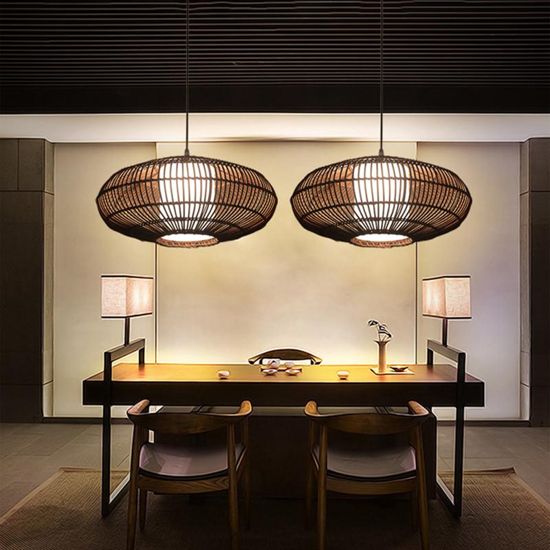 Short Circular Dark Brown Bamboo Pendant Light Farmhouse Ceiling Light - dazuma