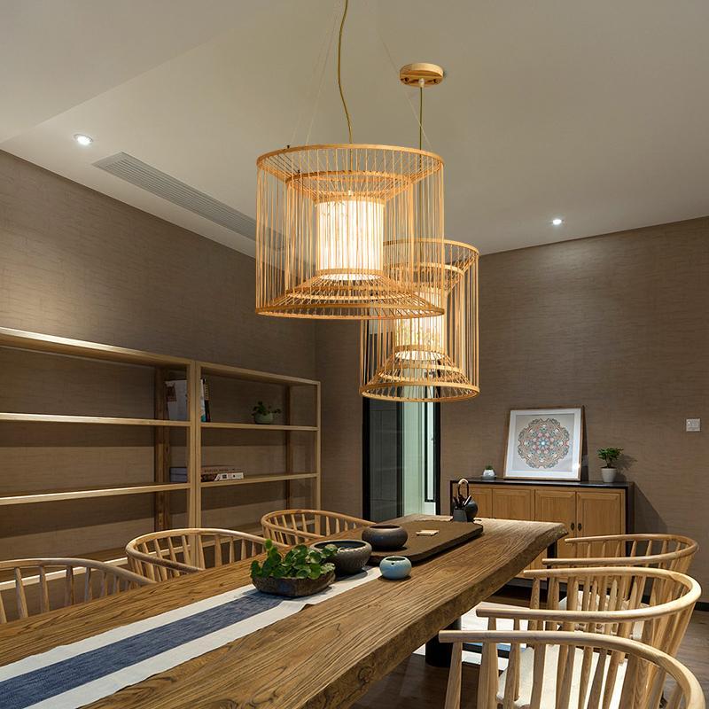 Multi - Layer Cylindrical Cage Pendant Light Decorative Bamboo Pendant Light