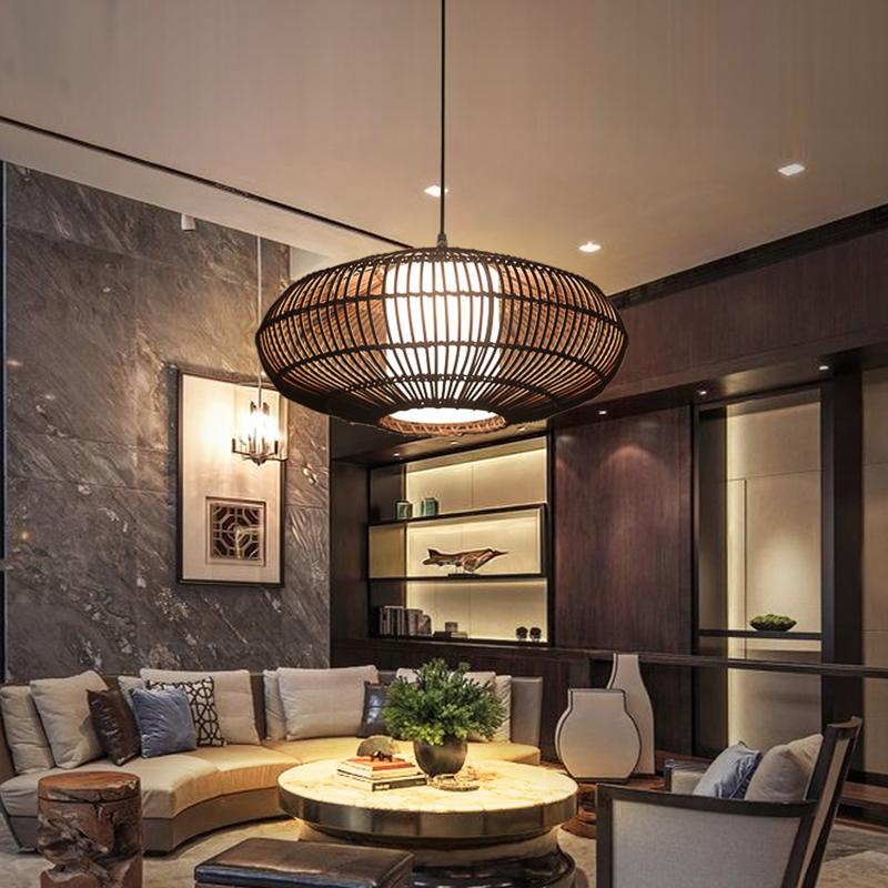 Short Circular Dark Brown Bamboo Pendant Light Farmhouse Ceiling Light - dazuma