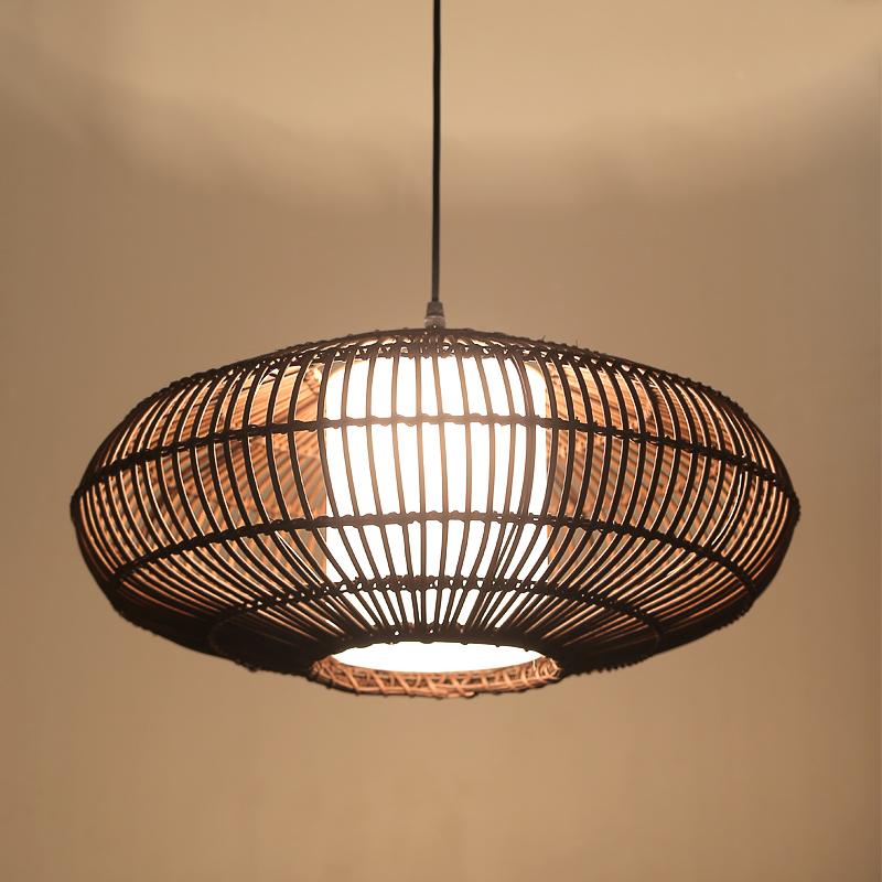 Short Circular Dark Brown Bamboo Pendant Light Farmhouse Ceiling Light - dazuma