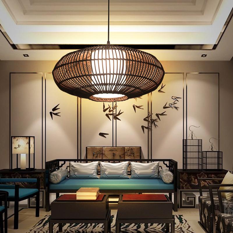 Short Circular Dark Brown Bamboo Pendant Light Farmhouse Ceiling Light - dazuma