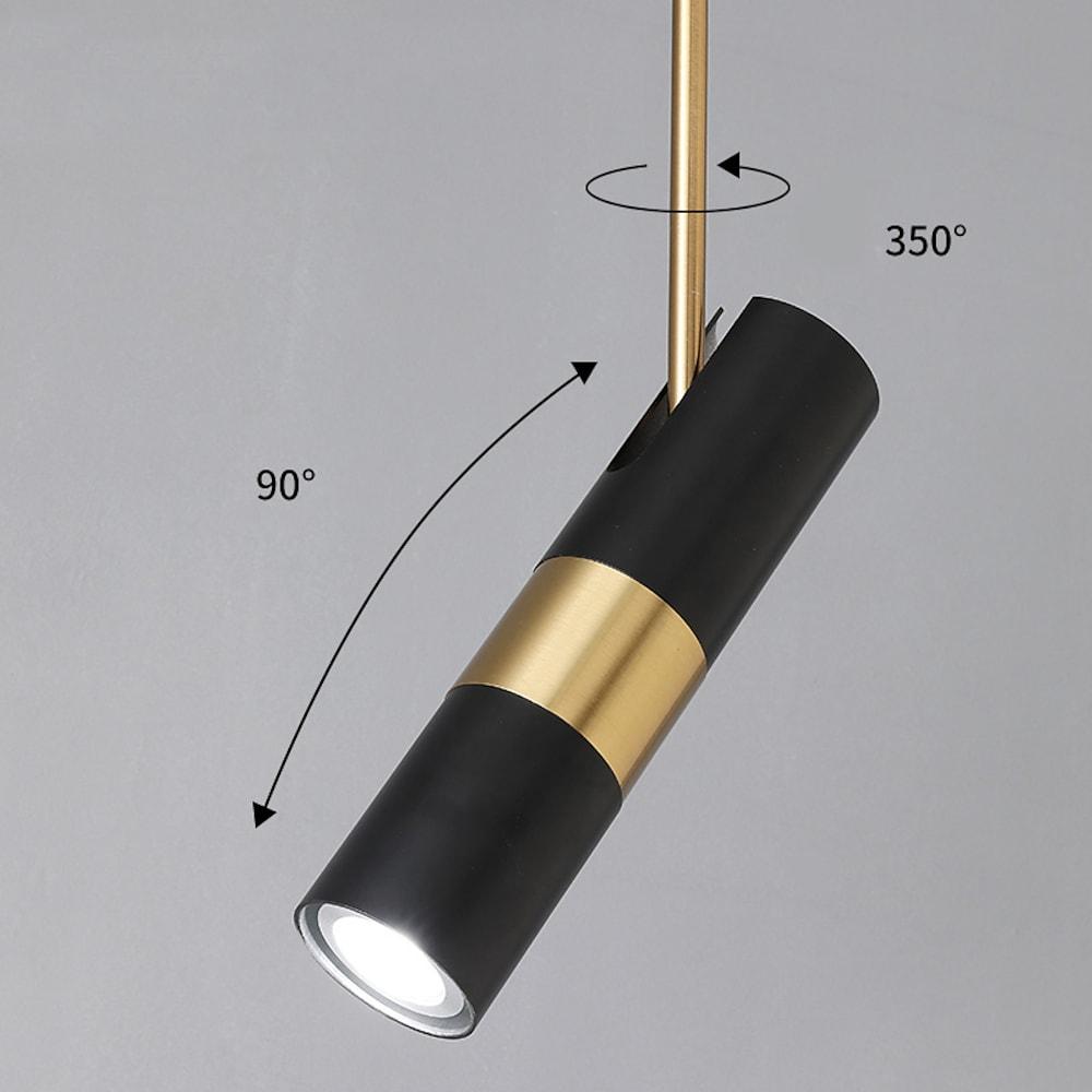 Technical detail of black adjustable cylindrical pendant light with 90 degree tilt 350 rotation.