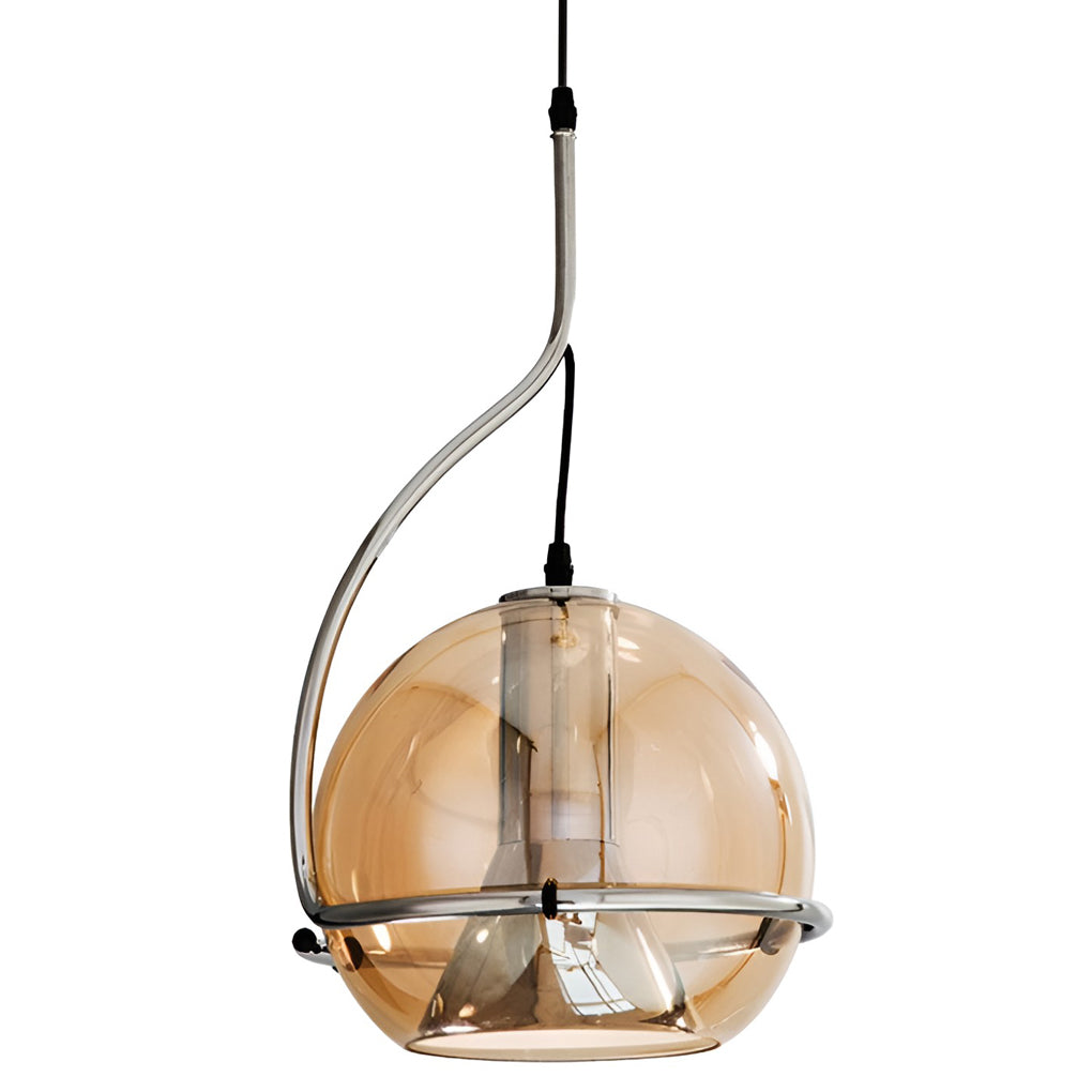 Amber glass globe pendant light isolated on white background, showcasing full product silhouette.