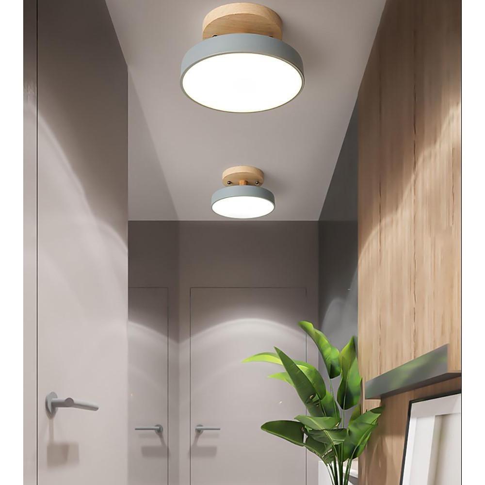 Round Minimalist Drum Flush Mount Light Metal Wood LED Ceiling Light