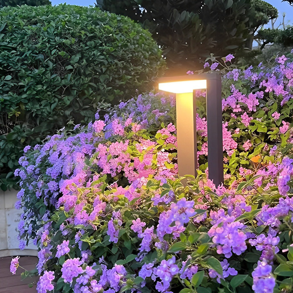 Architectural garden path light glowing surrounded by beautiful vibrant bright purple flowers.