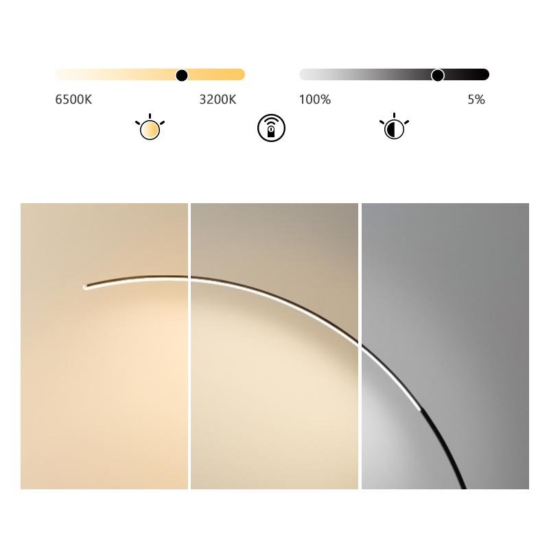 Arcing floor lamp with a minimalist design, enhancing a contemporary living space.