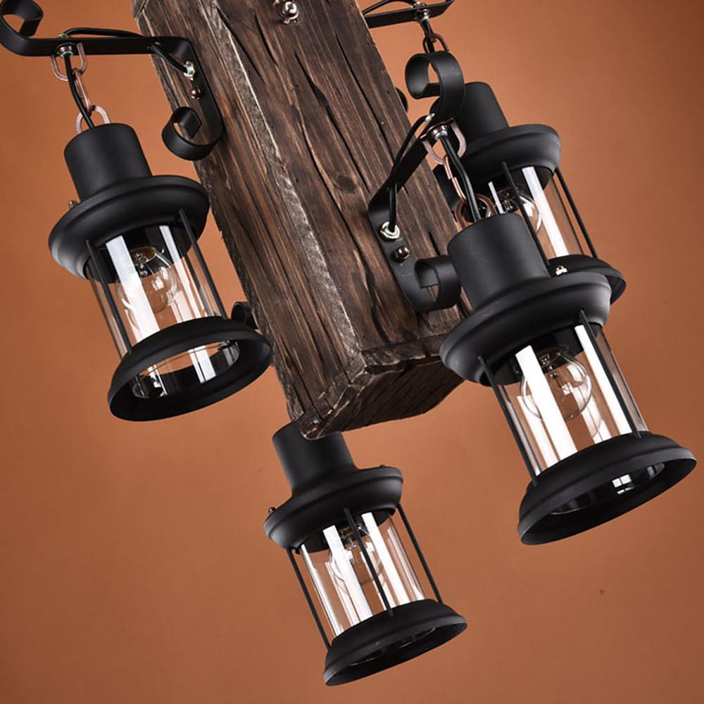 18'' LED 4-Light Mini Style Pendant Light Rustic Lodge Country Wood Bamboo Metal Glass Industrial Lantern Design