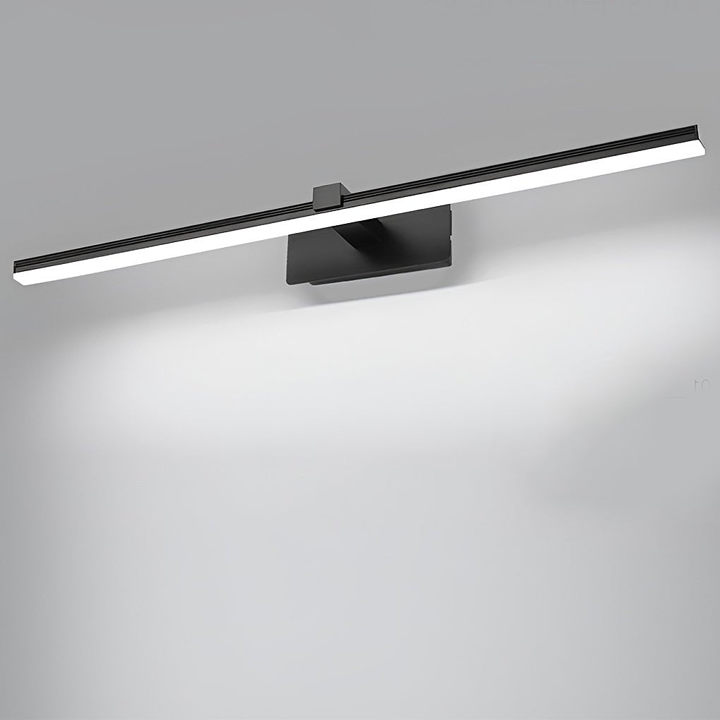 Black finish bathroom lights above vanity providing clean linear illumination.