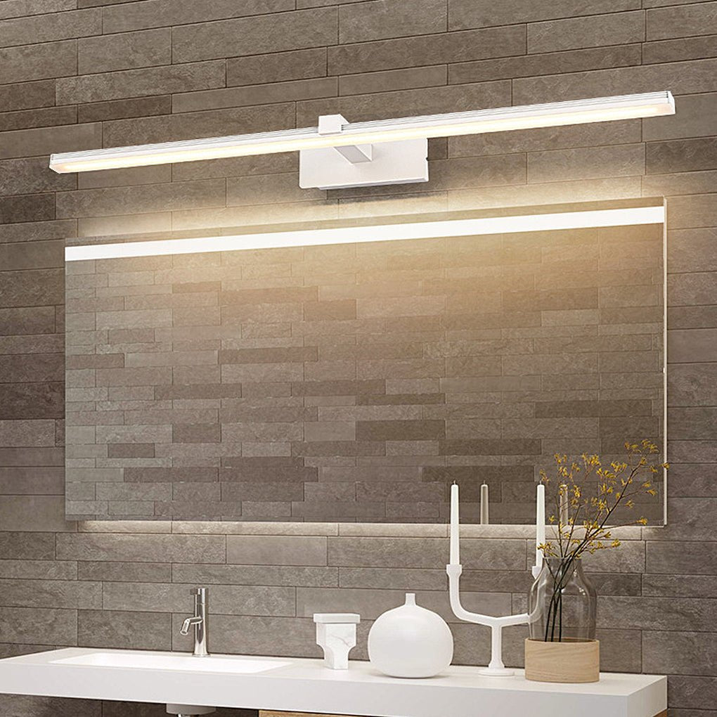 Contemporary vanity setup enhanced by warm bathroom lights above vanity against textured wall.