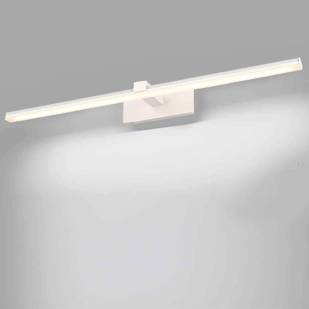 Product view showing white finish bathroom lights above vanity mounted on light wall.