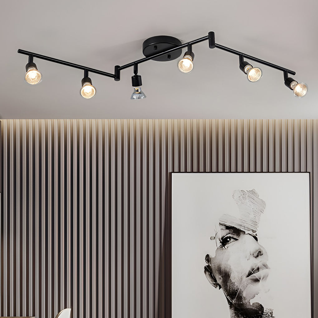 Black adjustable ceiling lights installed in a contemporary living space, highlighting wall art with pivoting spot heads.