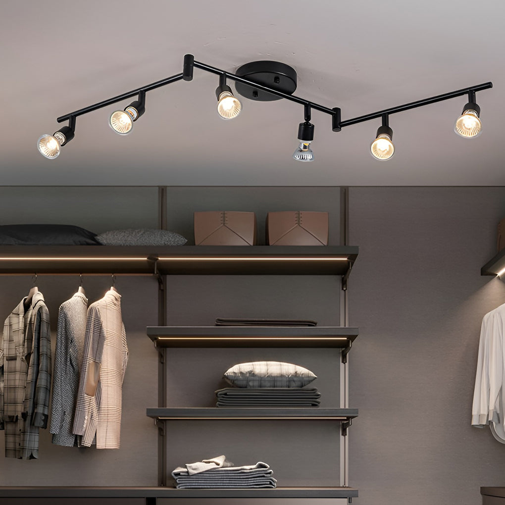 Black adjustable ceiling lights installed in a walk-in closet, providing focused illumination for clothing storage.