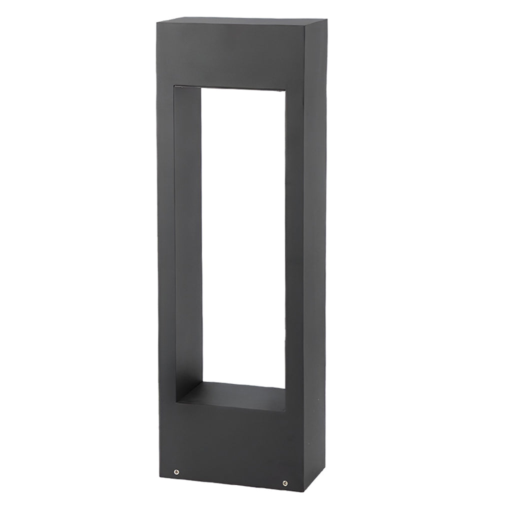 Angled view of black bollard light showing modern rectangular housing design.