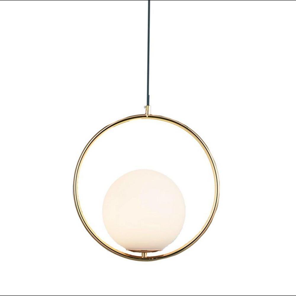 Gold minimalist hanging lamp featuring a brass ring and black cable on white background.