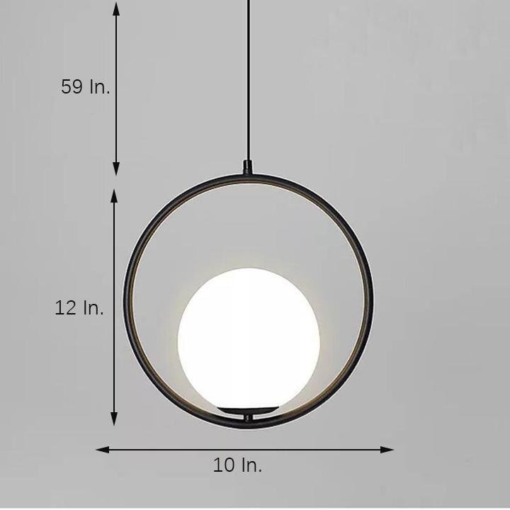 Black circular pendant light size chart showing 10 inch width and 59 inch adjustable cable.