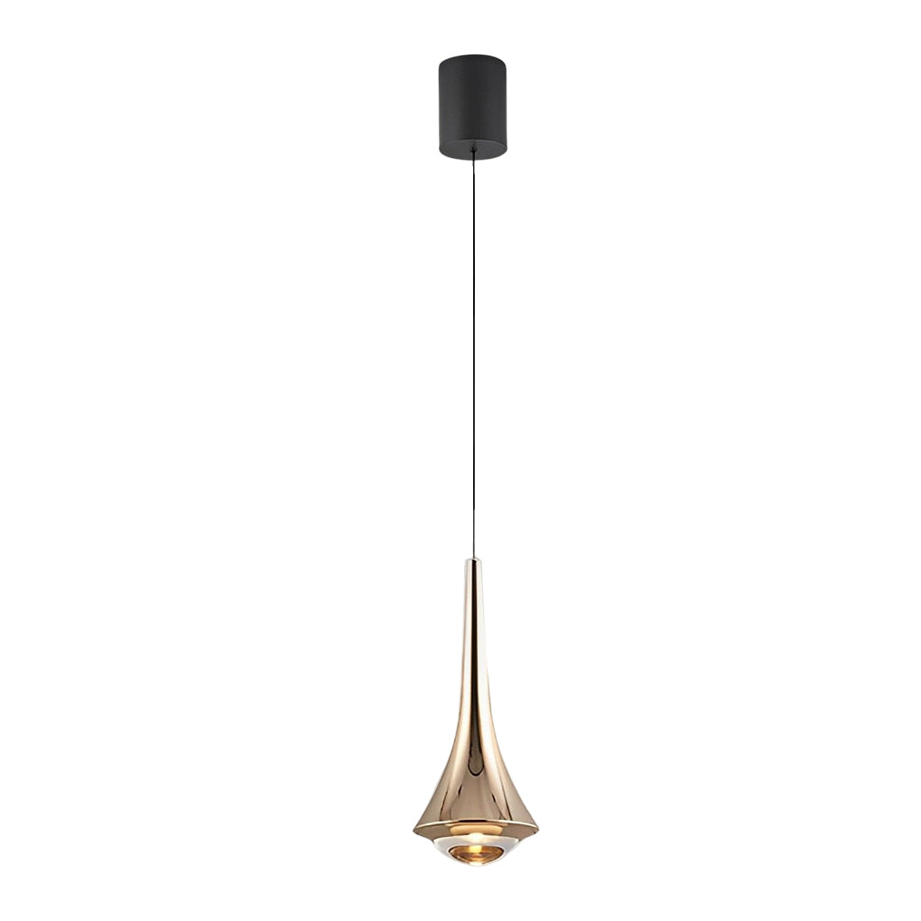 Gold-accent black cone pendant lights isolated on white background for product display.