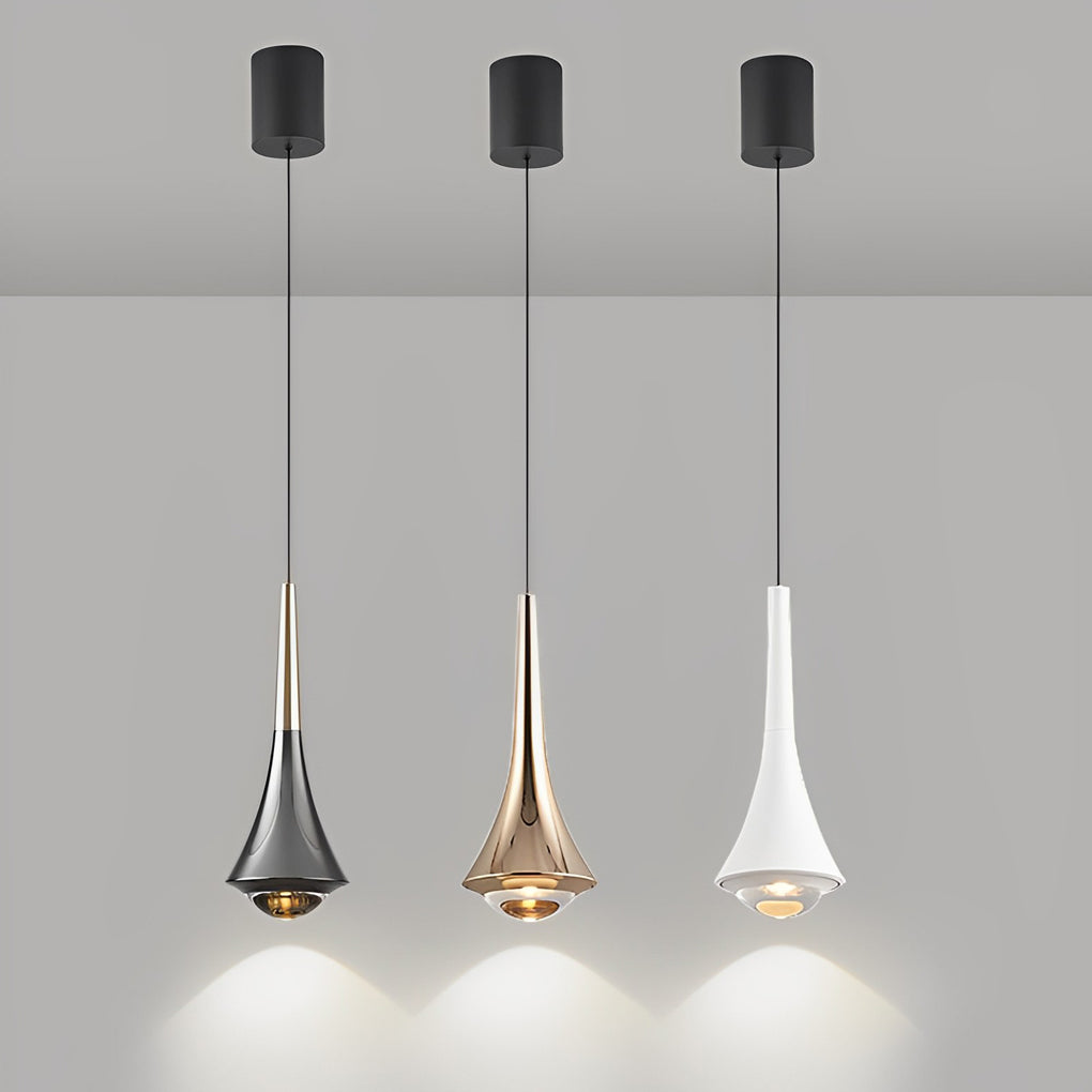 Mixed-finish black cone pendant lights displayed in a contemporary interior setting.