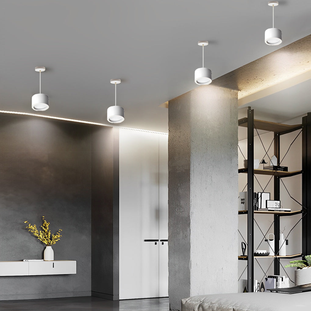 Black drum pendant light providing elegant illumination for a contemporary library.