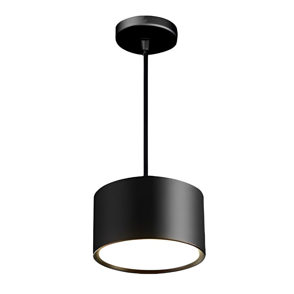 Black drum pendant light with side view showing depth and light diffusion.