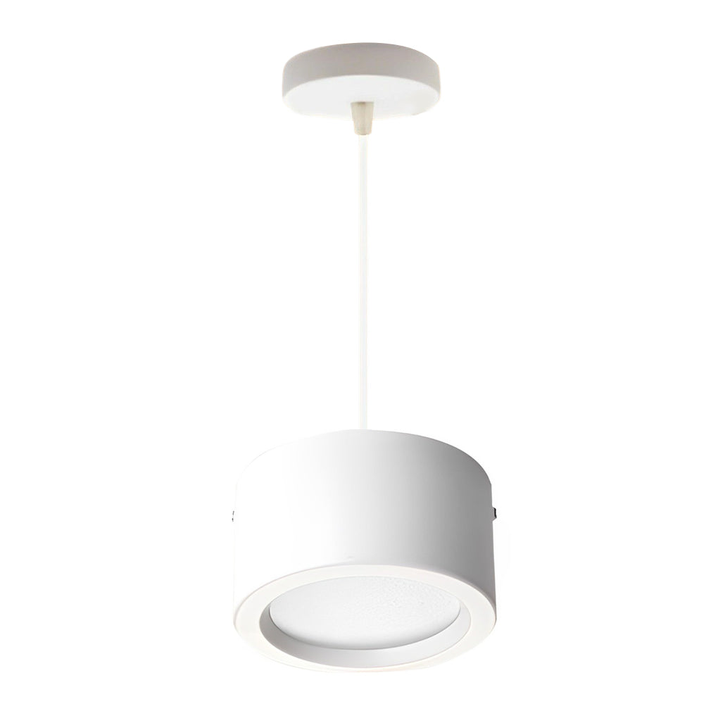 Black drum pendant light with top view highlighting the LED light source.