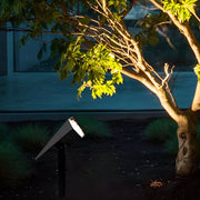 Black flood spike light highlighting tree trunk and foliage with focused beam for dramatic outdoor lighting effect.