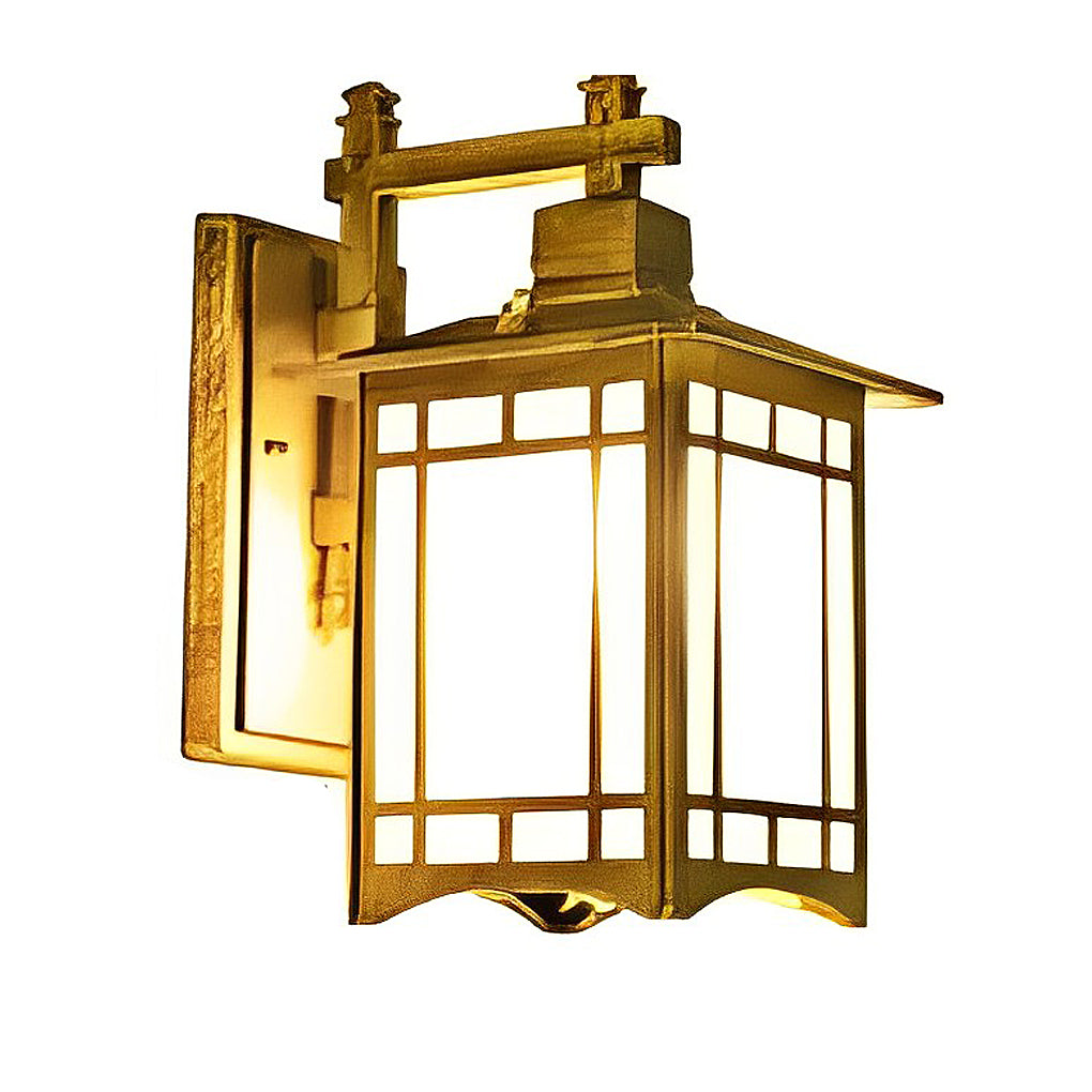 Lantern wall sconce with black frame and frosted glass panels in outdoor setting.