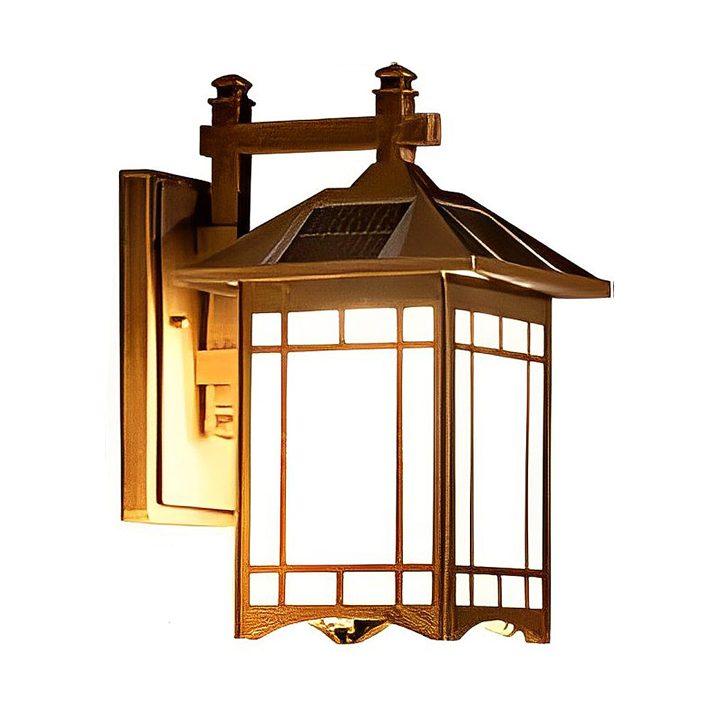 Lantern wall sconce with black frame and frosted glass panels on wooden exterior wall.