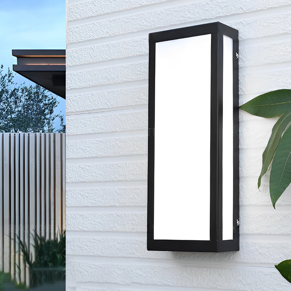 Rectangle outdoor wall lighting with black frame beside entrance door.