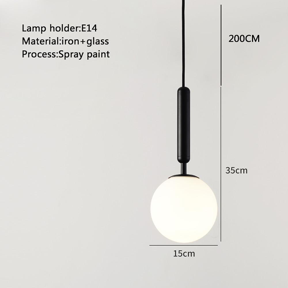 Black frosted globe pendant light size chart with E14 lamp holder and spray paint iron finish.