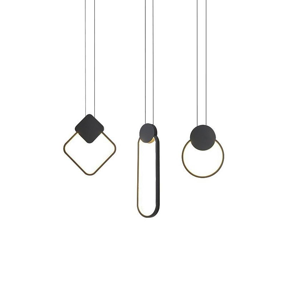 Black geometric pendant light trio displayed with mixed shapes on white background.
