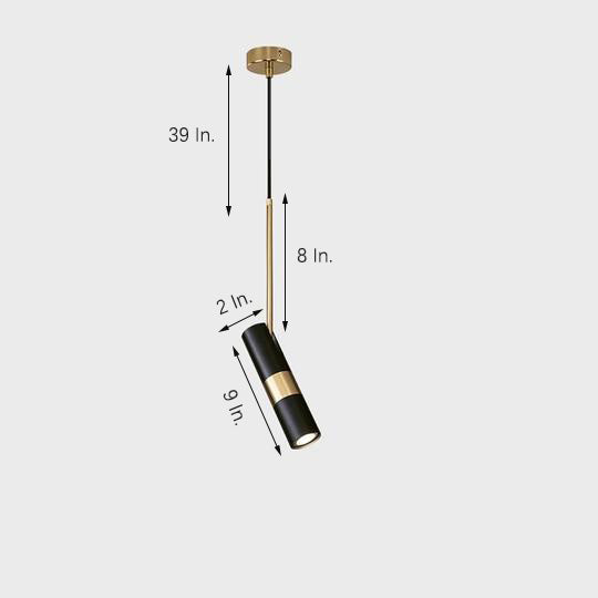 Black and gold adjustable cylindrical pendant light shown with full 39 inch cable dimensions.