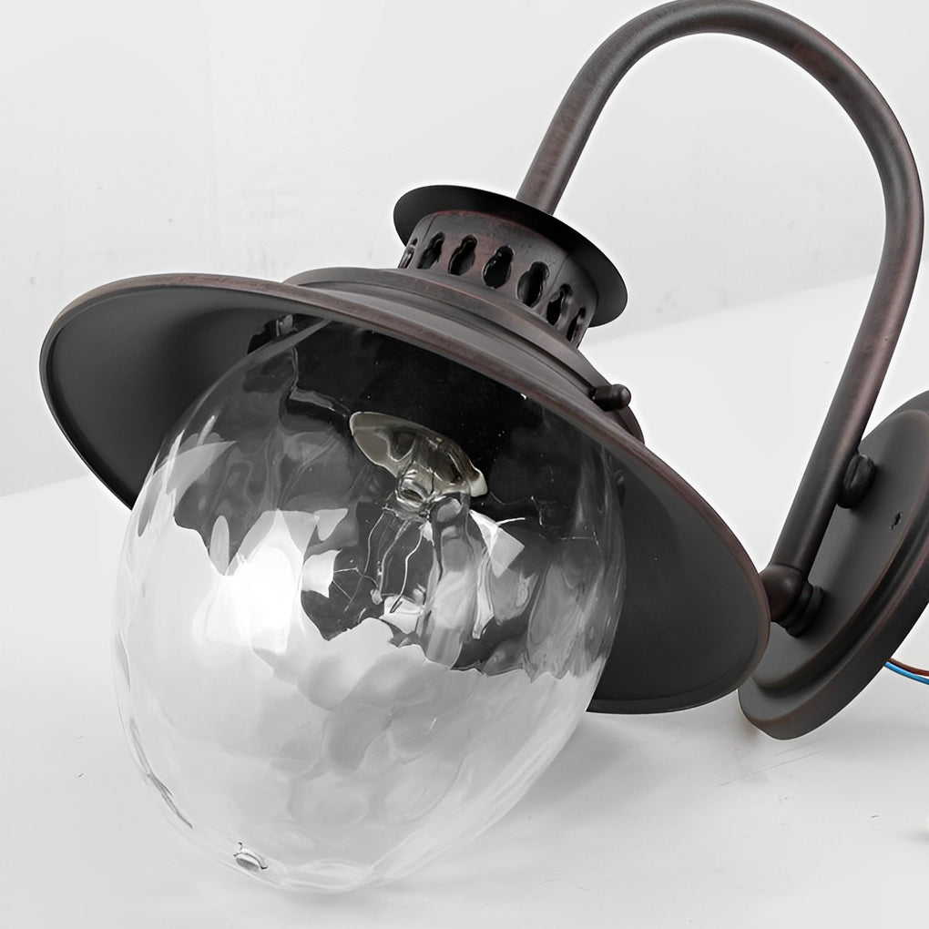 Black gooseneck wall light product detail showing curved arm and clear glass globe shade design for outdoor wall installation.