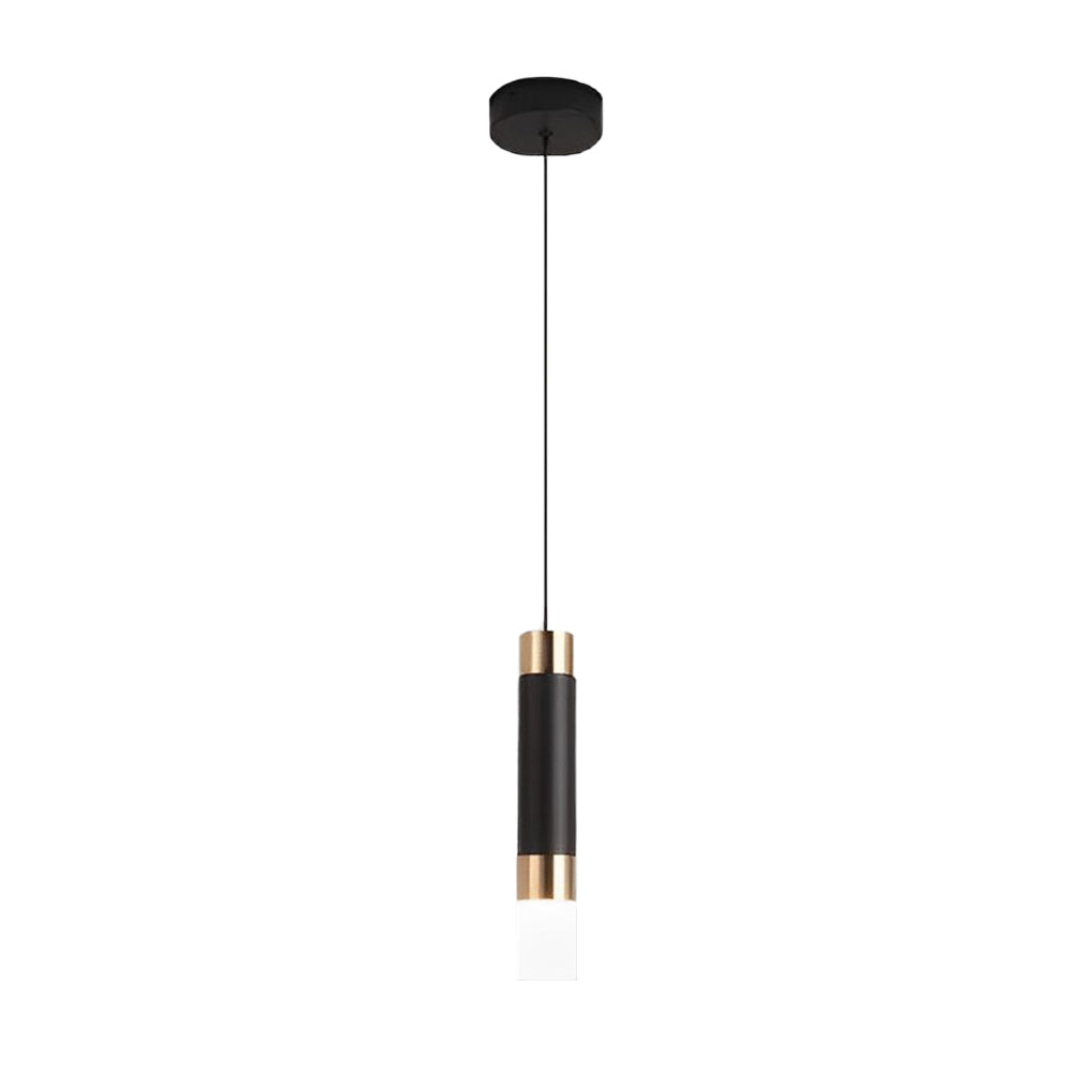 Modern black LED cylinder pendant light with brushed gold hardware and a frosted glass tip end.