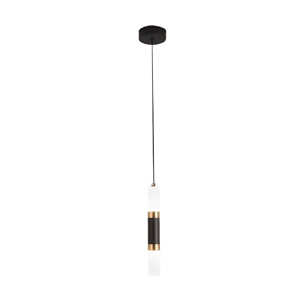 Unique black LED cylinder pendant light with gold accent ring and dual frosted glass sections.