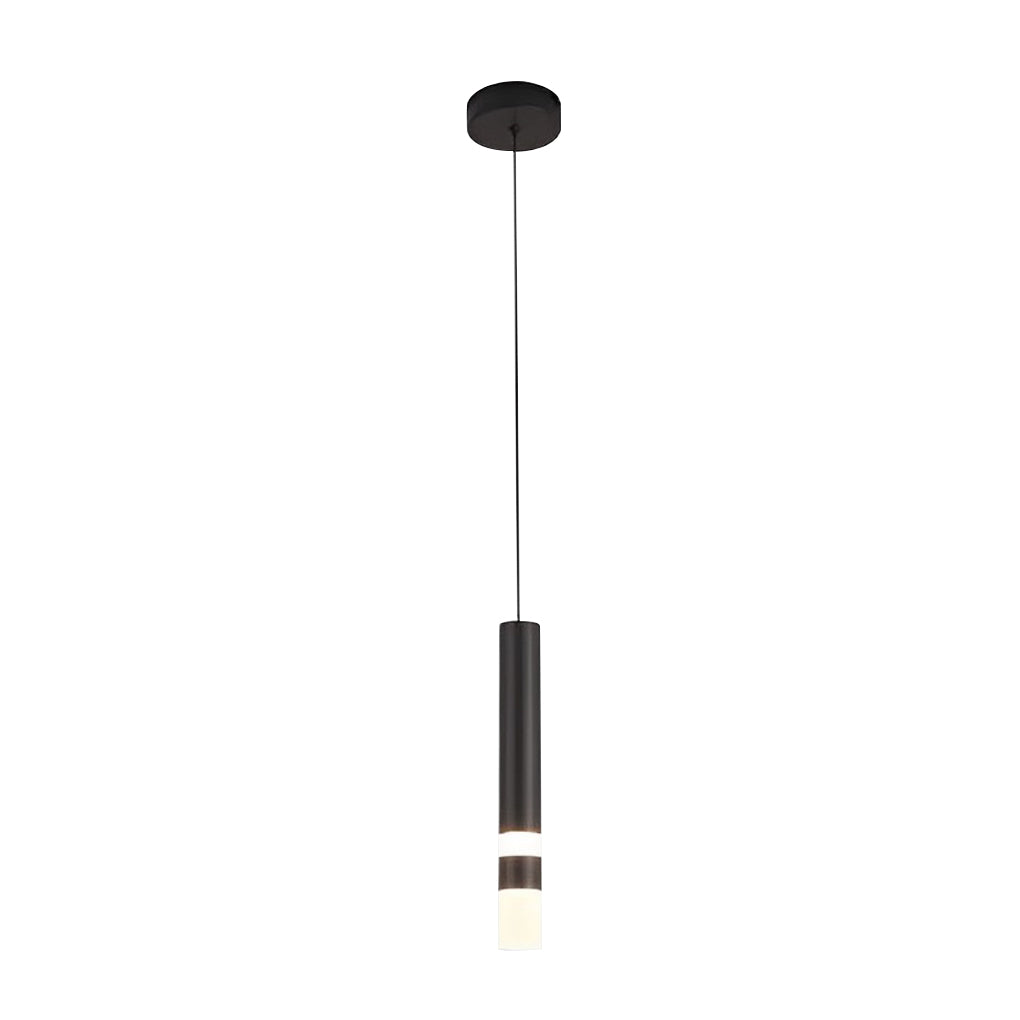 Sleek black LED cylinder pendant light with gold ring accent and frosted glass lower diffuser.