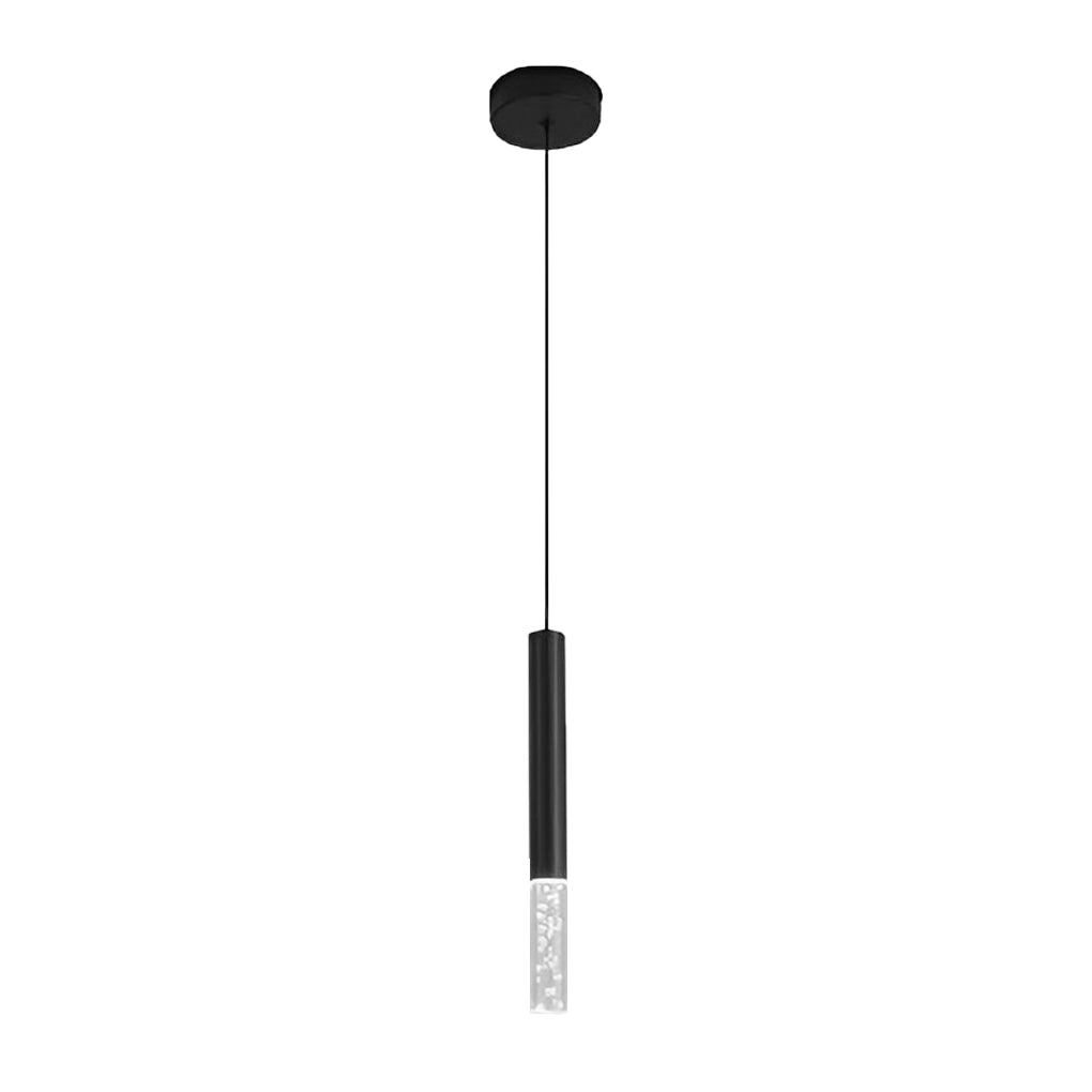 Sleek black LED cylinder pendant light featuring a decorative seeded bubble glass lower shade.