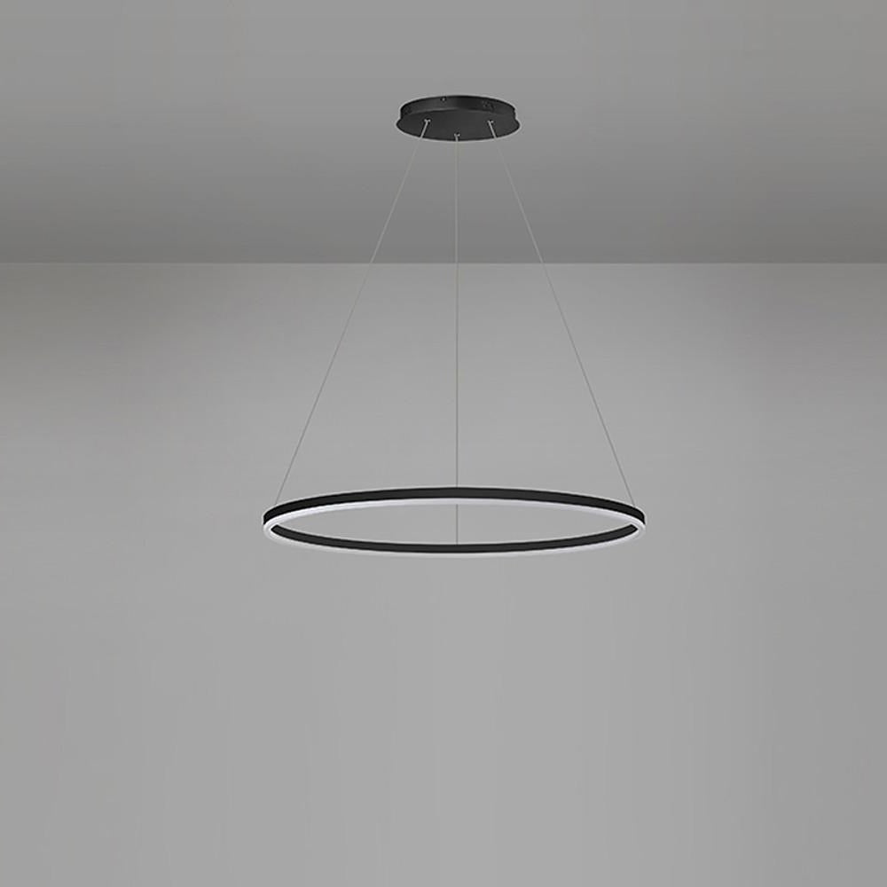 Black LED ring chandelier isolated against gray background with centered suspension mount.