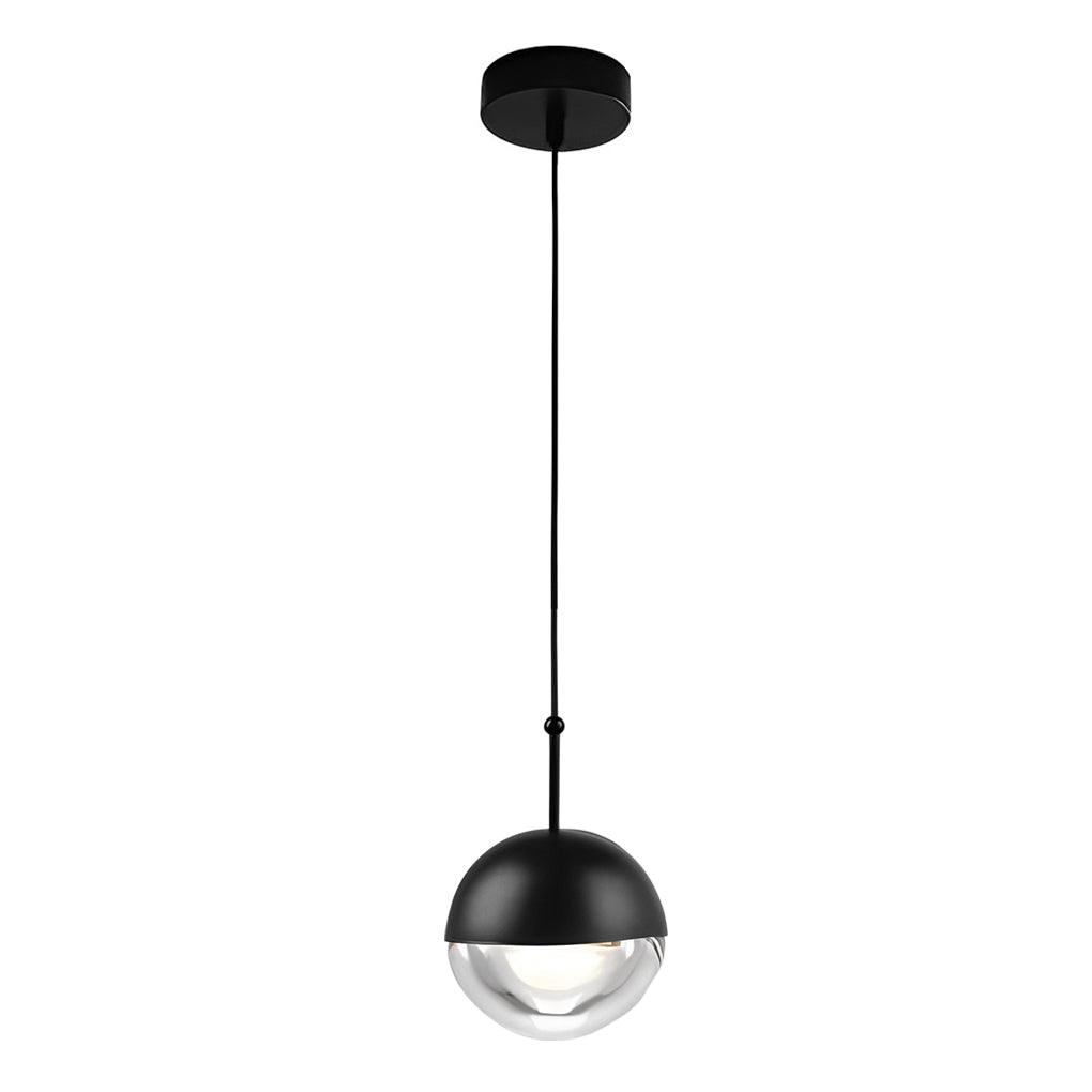 Sleek minimalist globe pendant light with a black dome and clear sphere on a white background.