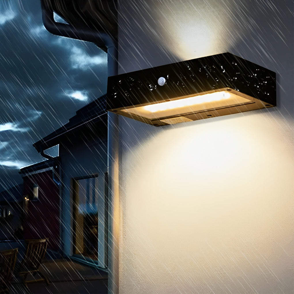 Black motion sensor outdoor wall light providing elegant illumination for a contemporary patio.