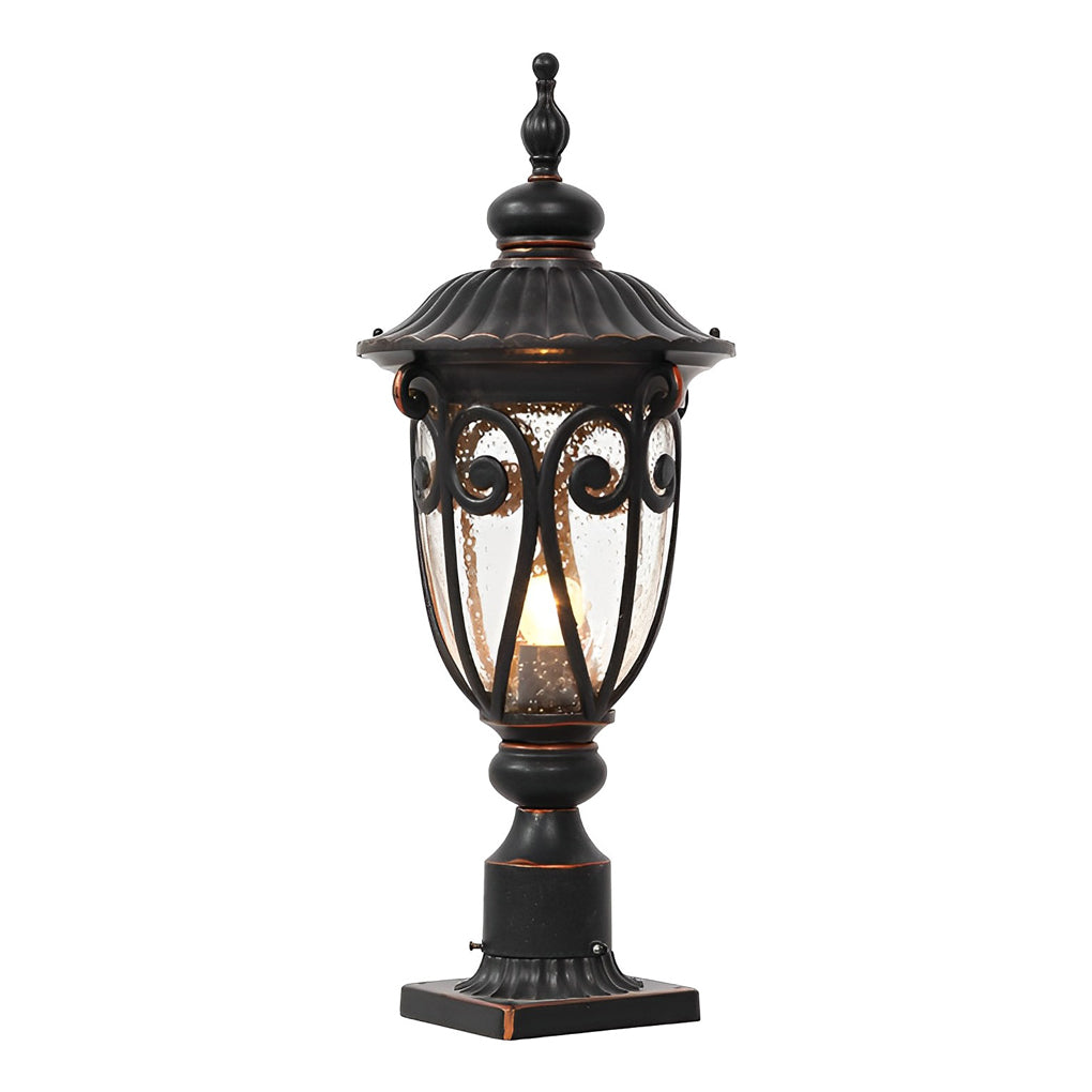 Black outdoor pillar light with a detailed view of the base and mounting hardware.