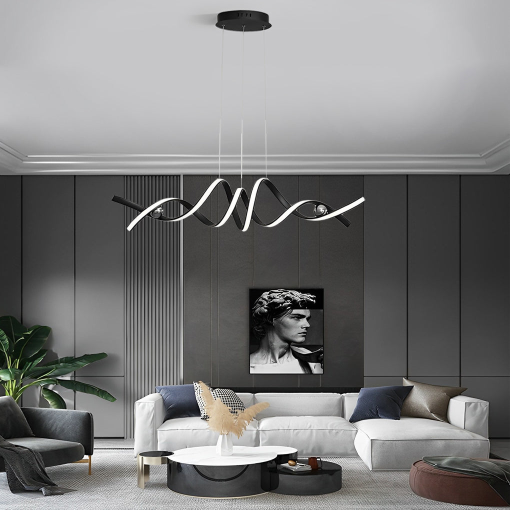 Black spiral ceiling light installed in a modern living room.