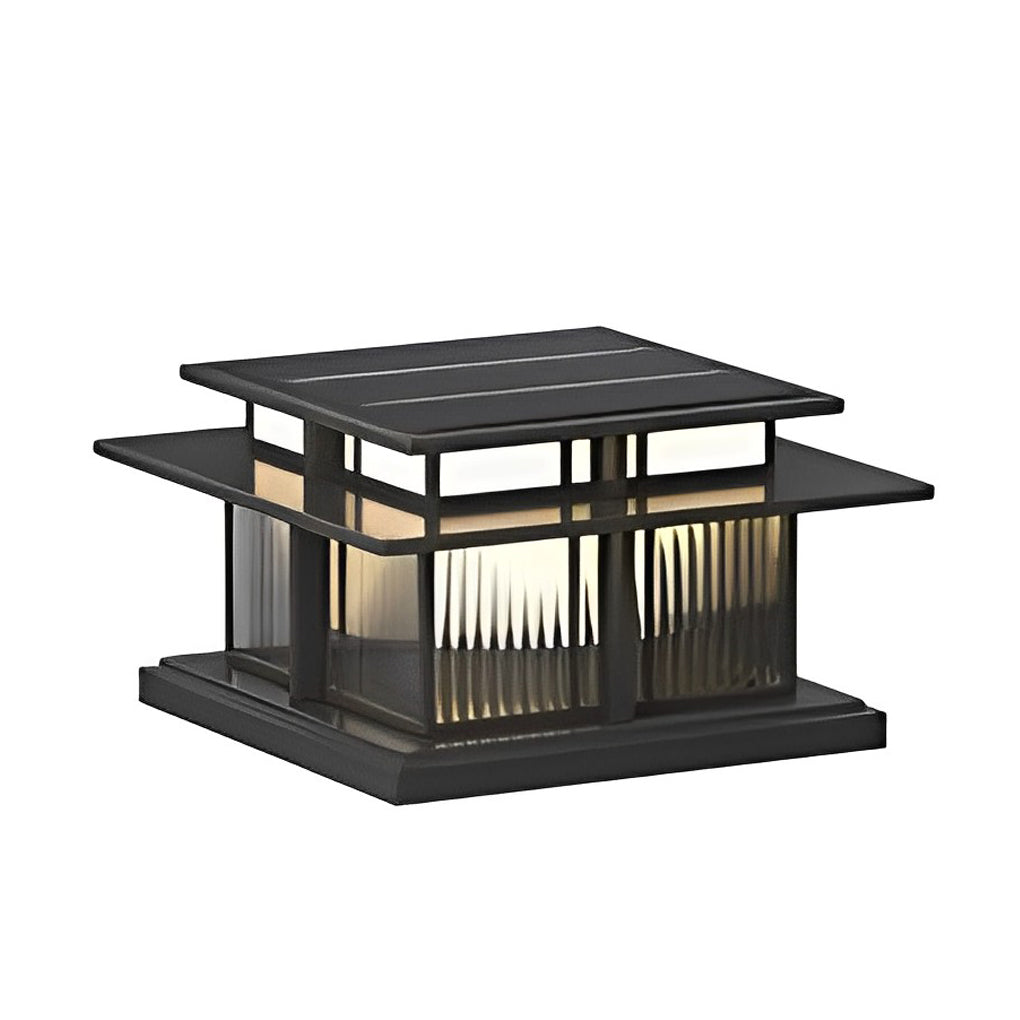 Black square porch pillar light with layered roof panel design for outdoor post lighting.